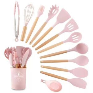 Juego de 12 utensilios de cocina de silicona y madera