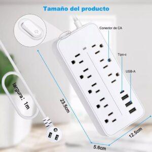 Multicontacto blanco de ocho salidas, tres puertos USB y un puerto tipo C